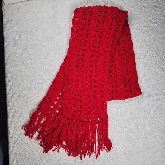 Vintage homemade scarf crocheted bright red fringe 7' long‎ - Picture 3 of 8